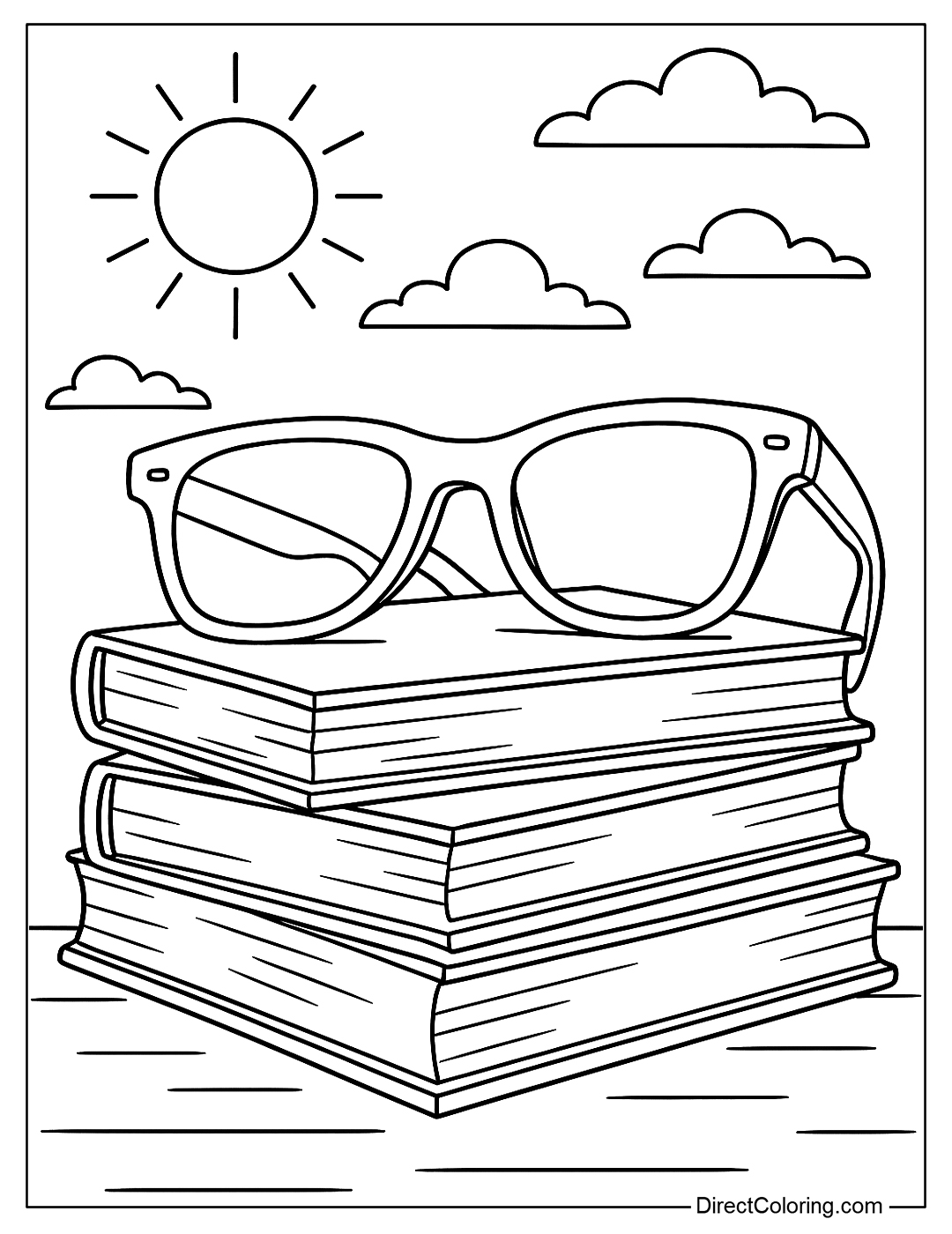 coloring page Sunglasses placed on a stack of books, creating a relaxing summer space